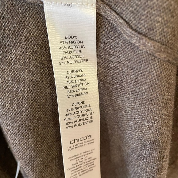 Chic Chicos 3/4 sleeve brown sweater w/fur trim and rhinestone - Picture 6 of 7